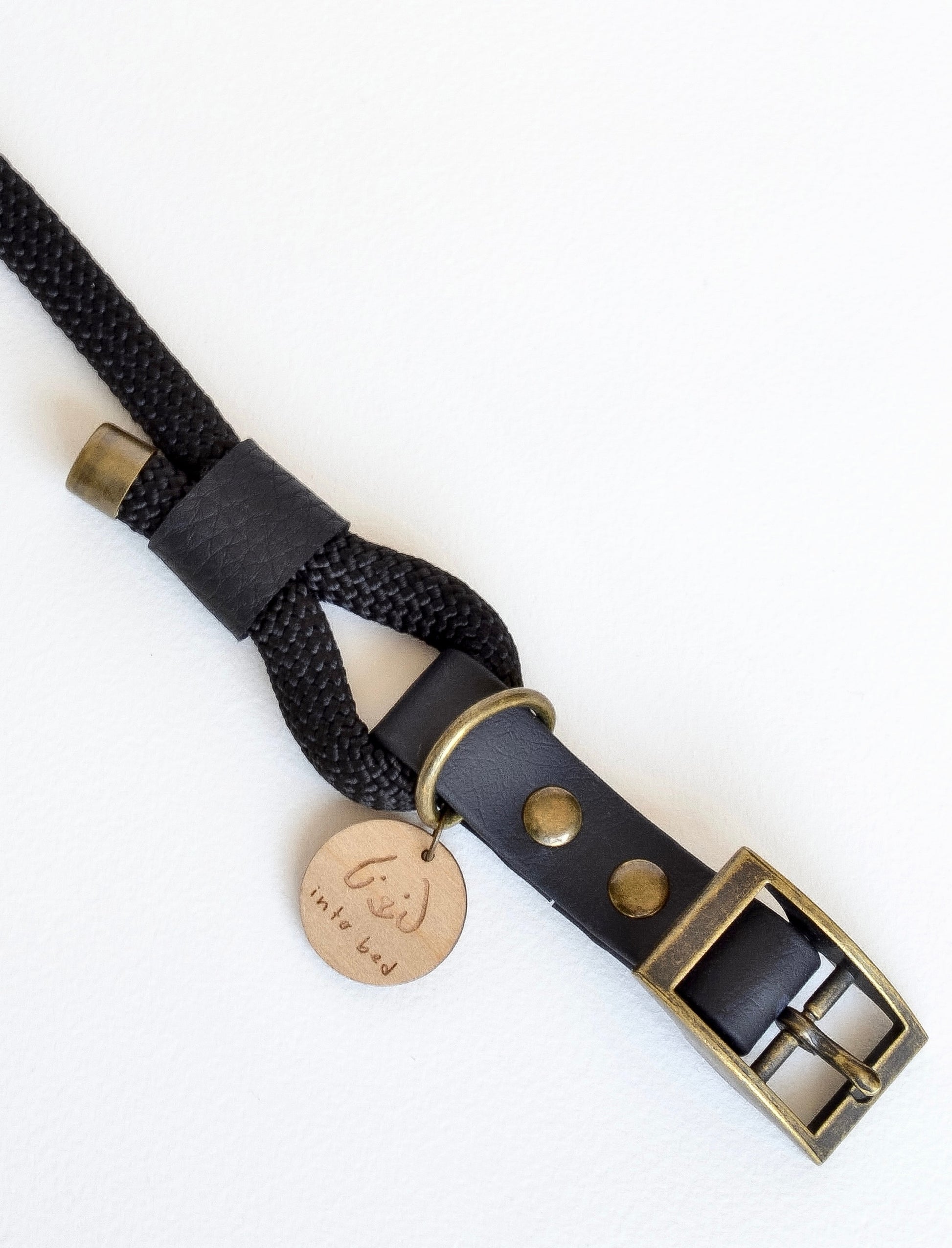 Luxury black dog collar. Made from rope, vegan leather and antique brass. Rope dog collar made in the UK. 